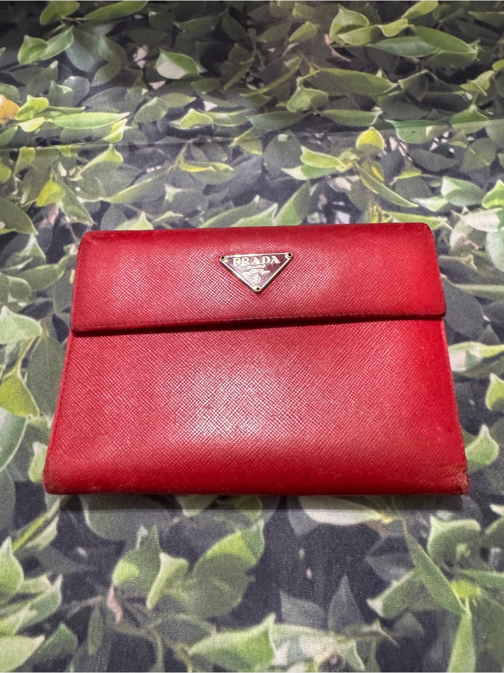 Prada Red Saffiano Leather Flap Wallet with Triangular Logo